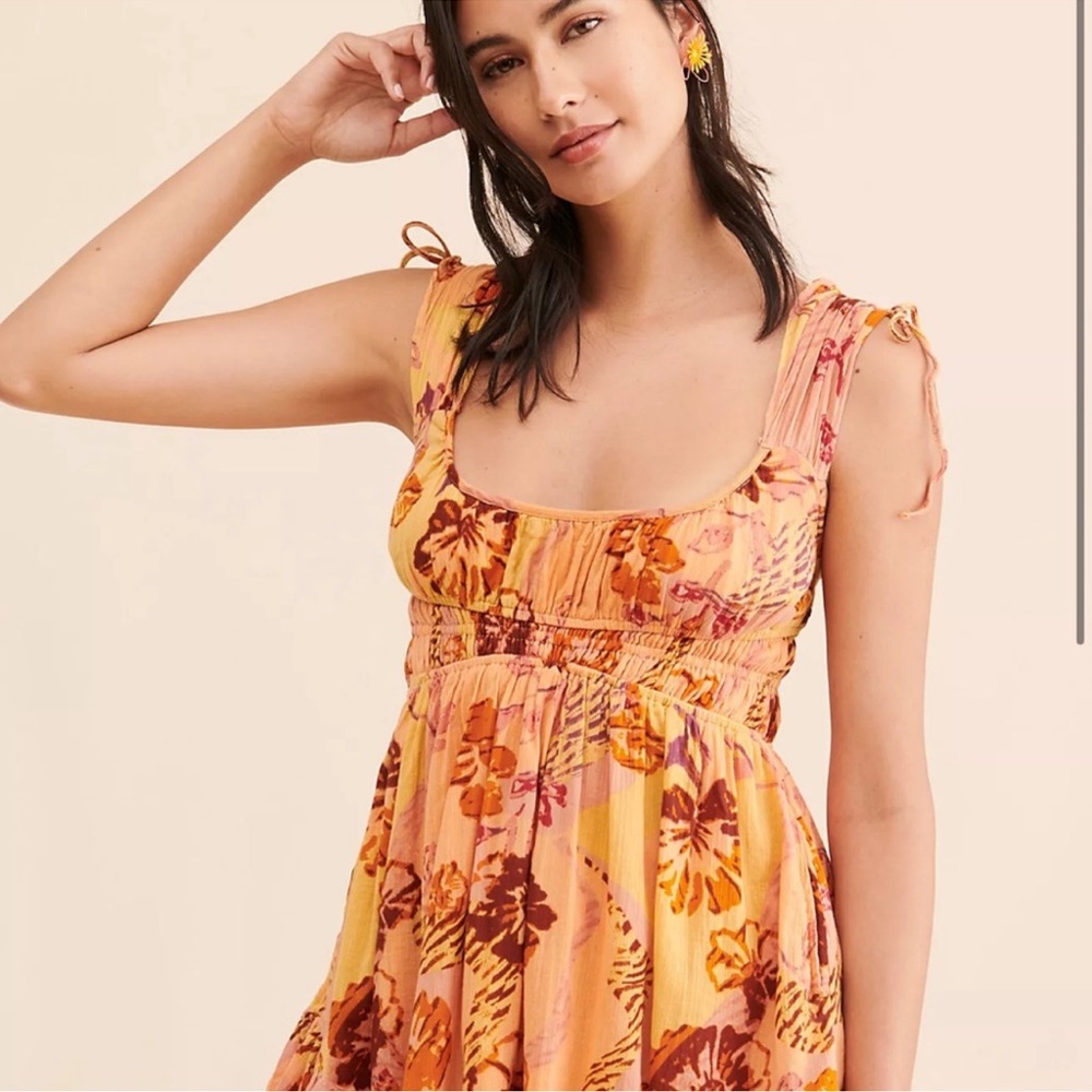 Free People Yellow Floral Mini Dress with Pink and Brown Accents